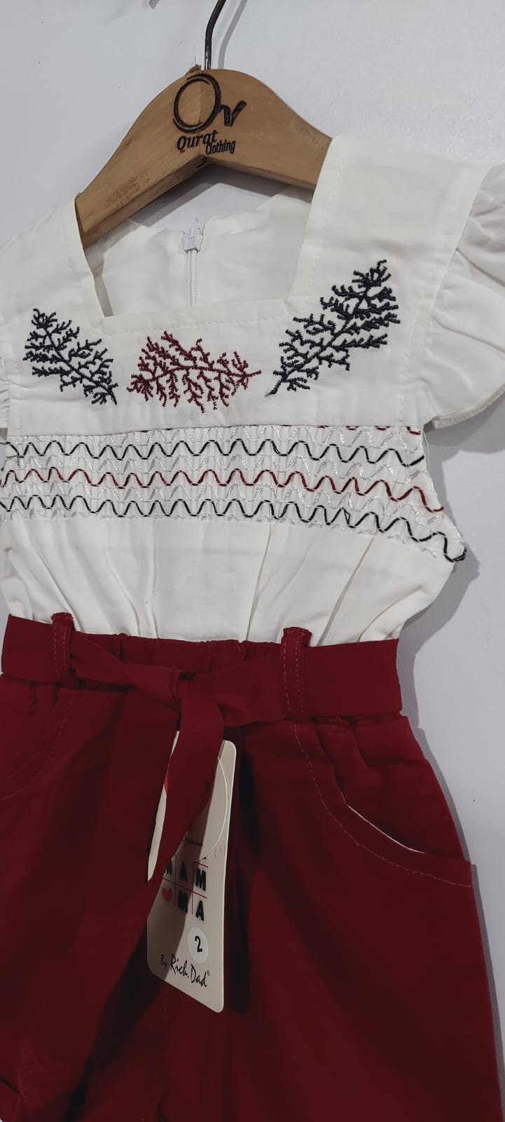 Off-White & Maroon Cotton Embroidered Girls Jumpsuit – Flutter Sleeve Playsuit QC7071 - QC7071