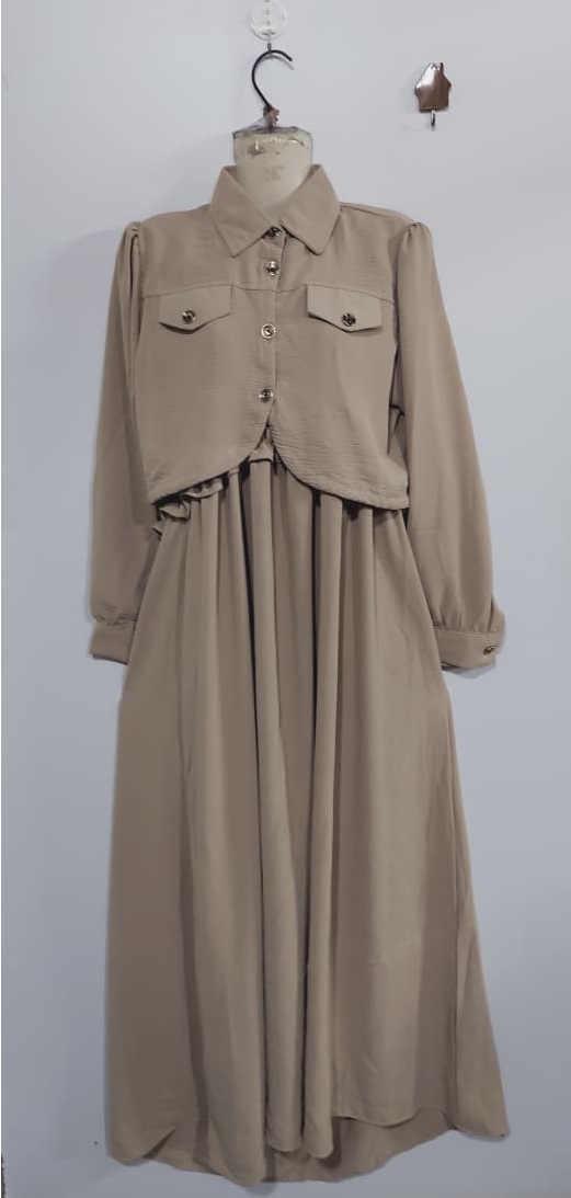 Elegant Beige Soft Georgette Smocked Maxi Dress with Cropped Jacket – Women’s Flowy Party & Modest Wear – QC7005 - QC7005