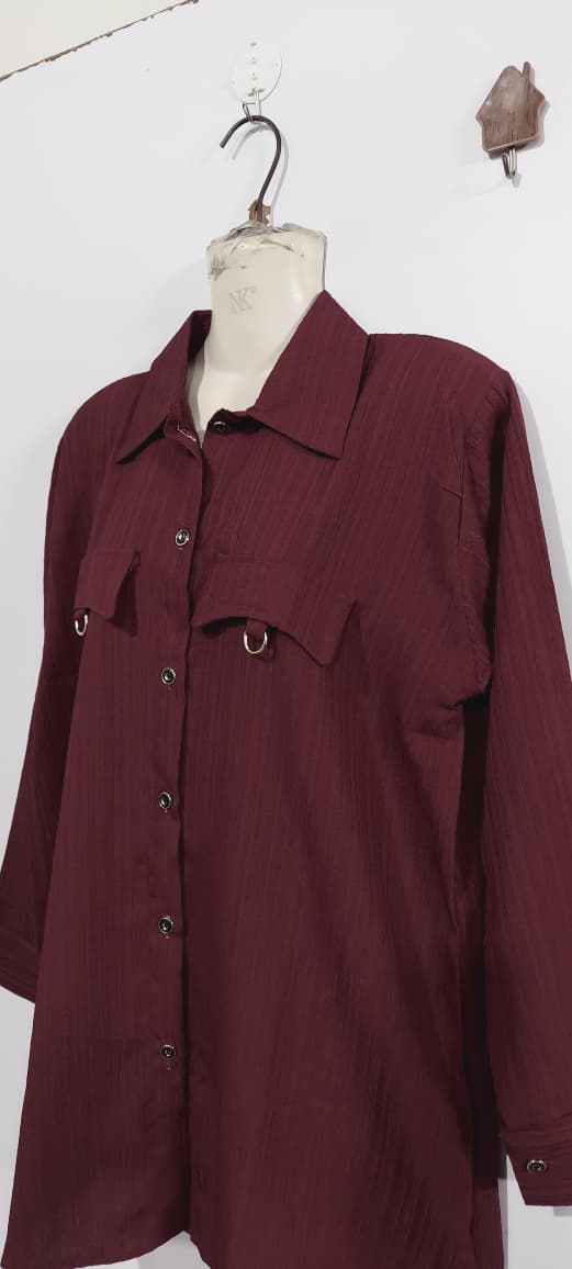 Maroon China Crush Textured Button-Down Long Shirt – Elegant Formal Wear Tunic QC6098 - QC6098