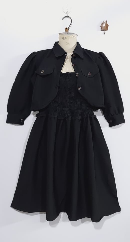Black Georgette Two Piece Dress Set with Smocked Bodice & Cropped Button Jacket – QC6031 - QC6031