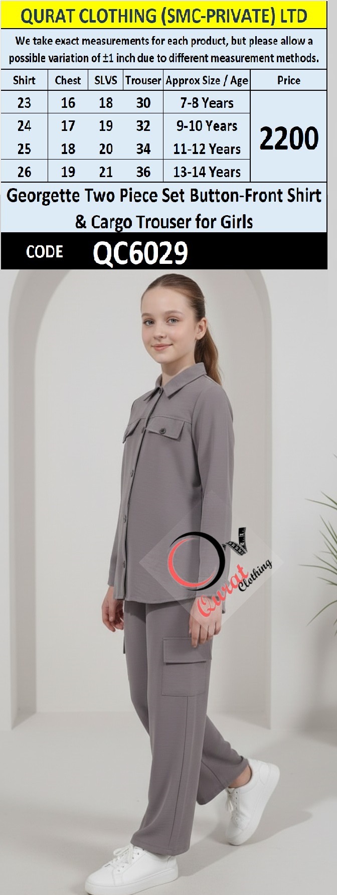Georgette Two Piece Set Button-Front Shirt & Cargo Trouser for Girls – QC6029 - QC6029