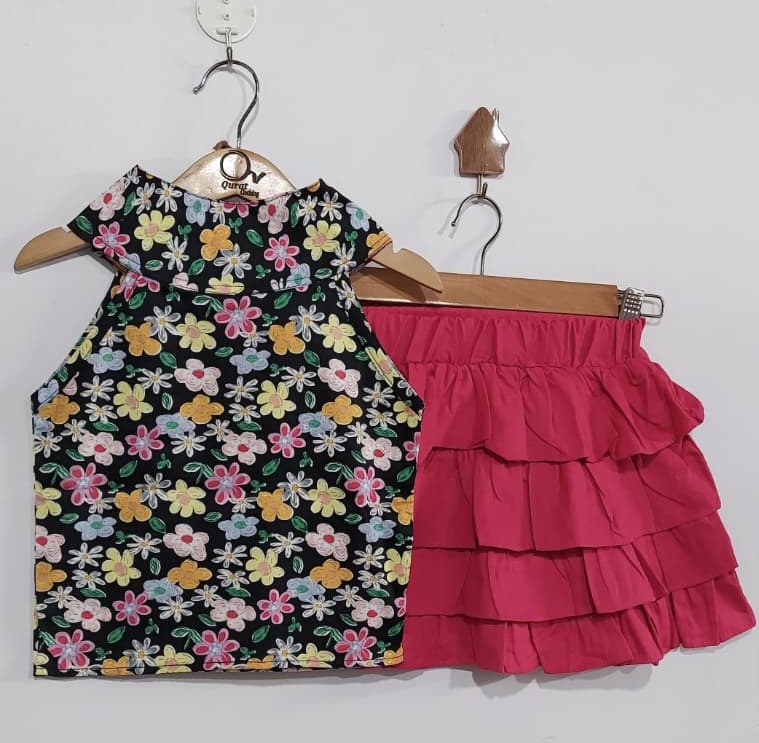 Black Floral Print Sleeveless Top with Pink Layered Ruffle Skirt 2-Piece Party Wear Set – QC8001 - QC8001