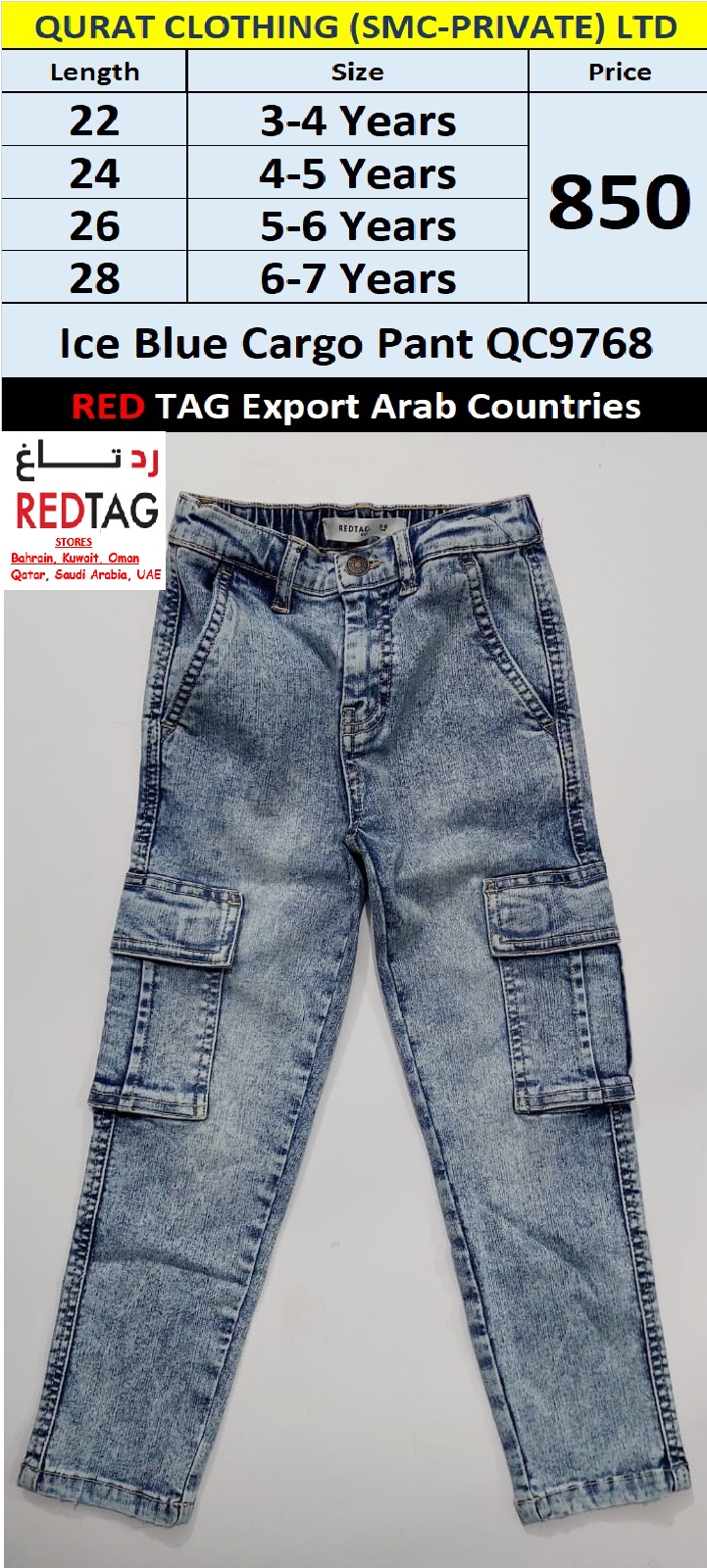 RED TAG Brand Ice Blue Cargo Pant QC9768 Export Arab Countries - QC9768