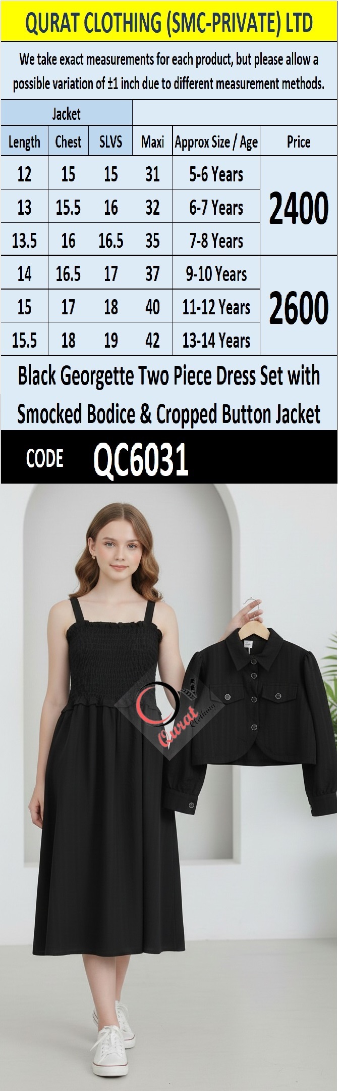 Black Georgette Two Piece Dress Set with Smocked Bodice & Cropped Button Jacket – QC6031 - QC6031