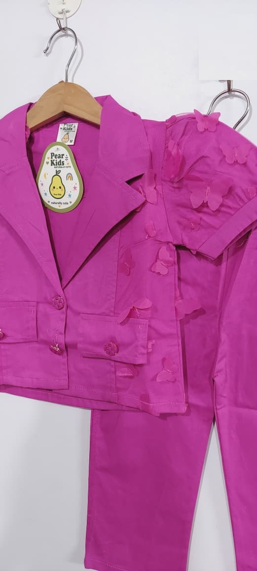 Hot Pink 3-Piece Formal Suit Set – Floral Sleeve Blazer, White Rhinestone Bow Top & Trousers QC7086 - QC7086