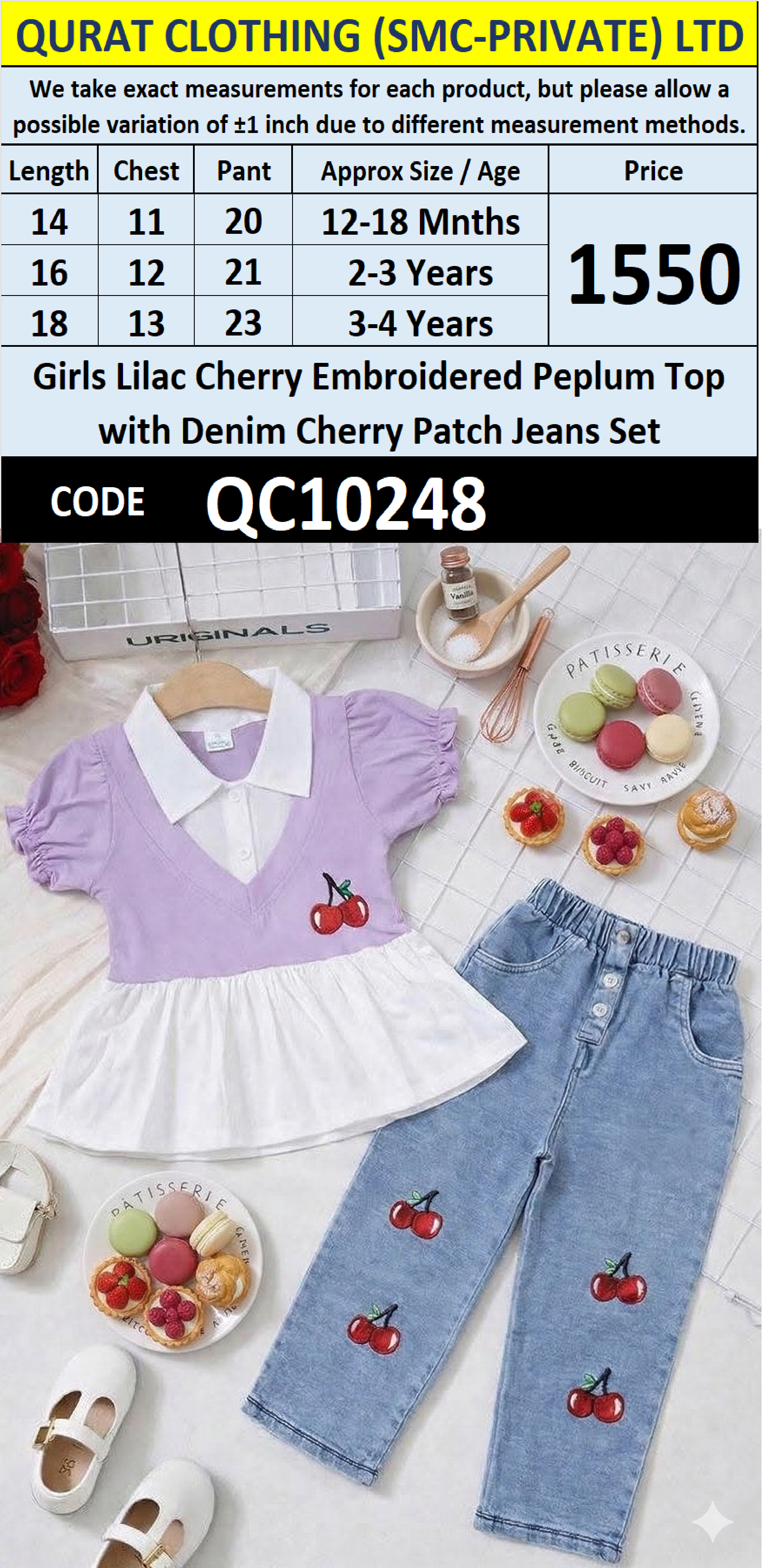 Girls Lilac Cherry Embroidered Peplum Top with Denim aherry Patch Jeans Set – QC10248 - QC10248