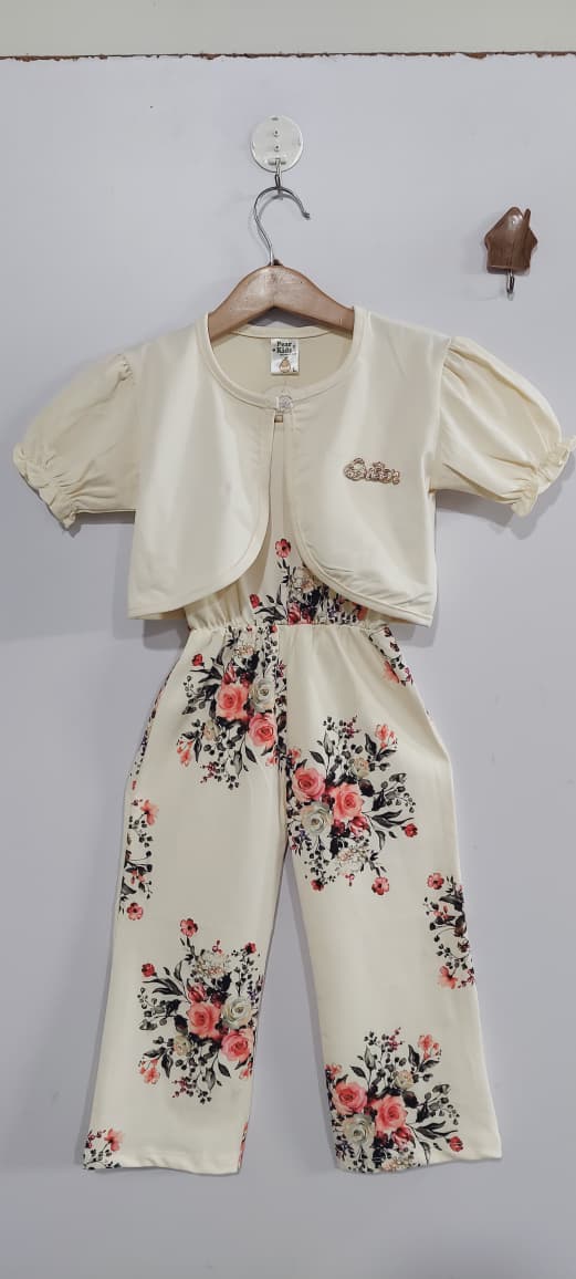 Girls Cream Rose Floral Jumpsuit with Chicc Bolero Jacket Party Outfit – QC10271 - QC10271