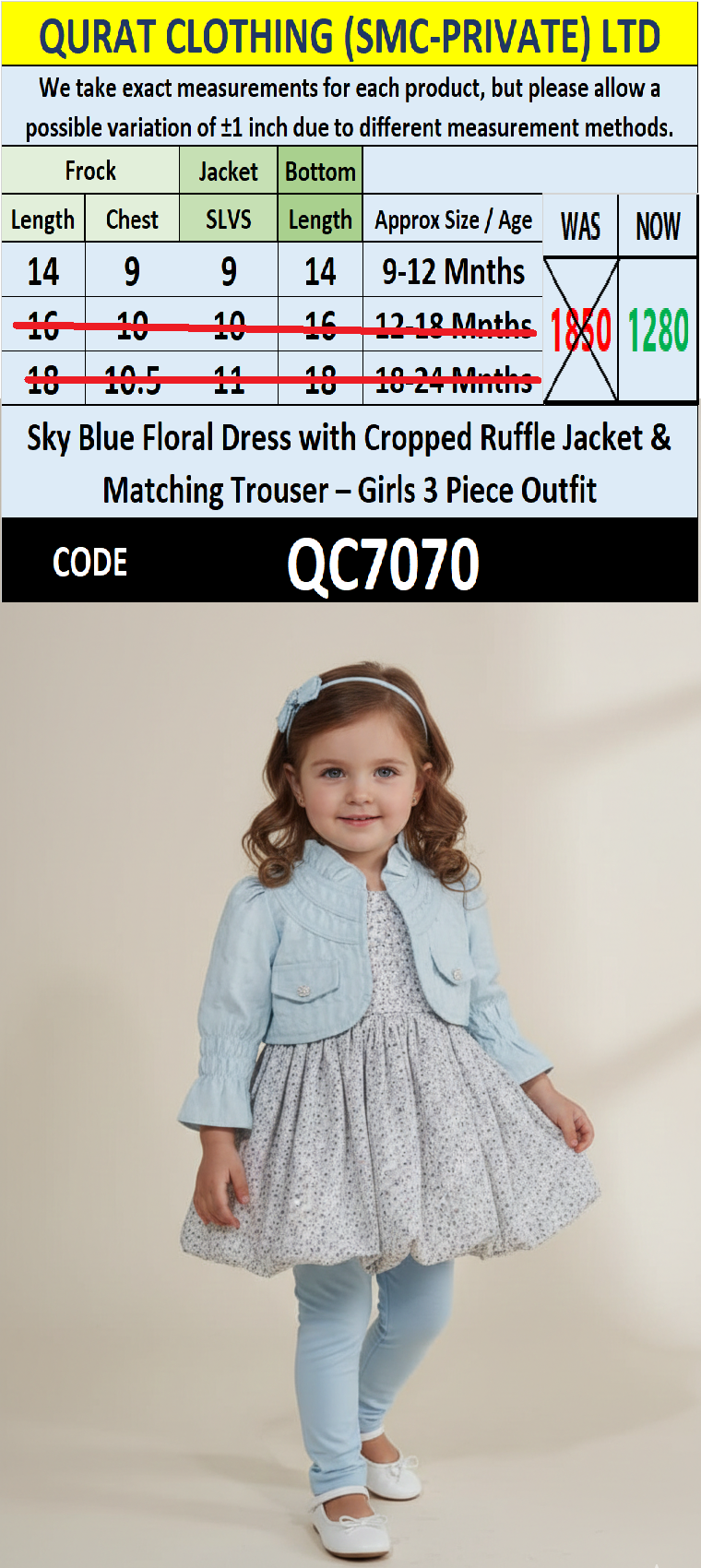 Sky Blue Floral Dress with Cropped Ruffle Jacket & Matching Trouser – Girls 3 Piece Outfit QC7070 - QC7070