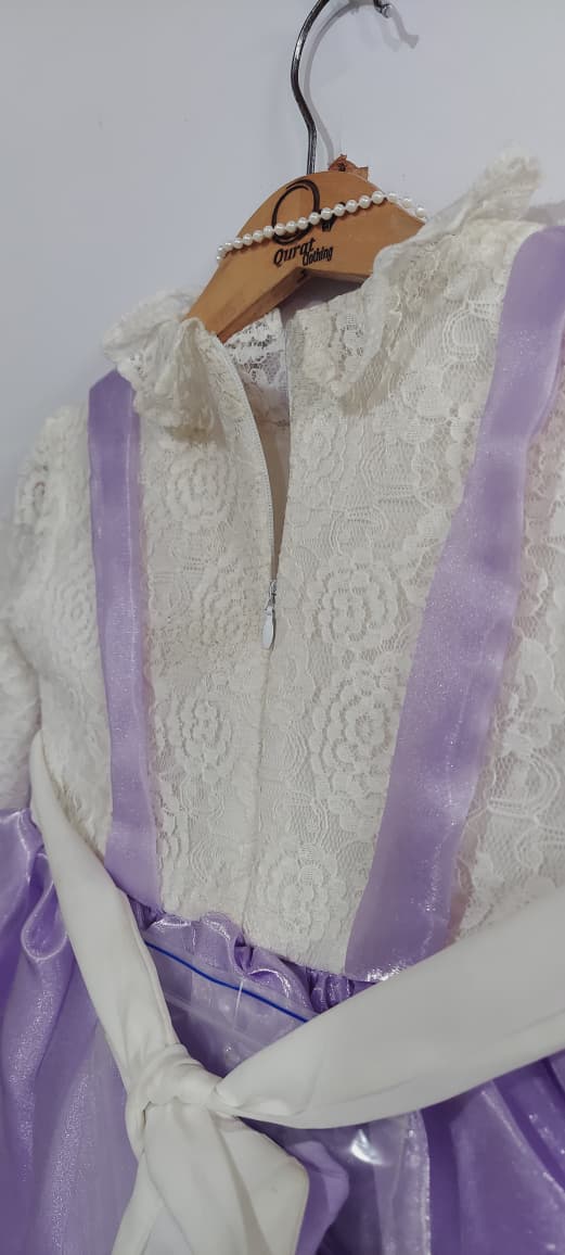Lavender Organza Party Dress with White Lace Top, Bow Detail & Bunny Pouch – Princess Flare Frock QC7080 - QC7080