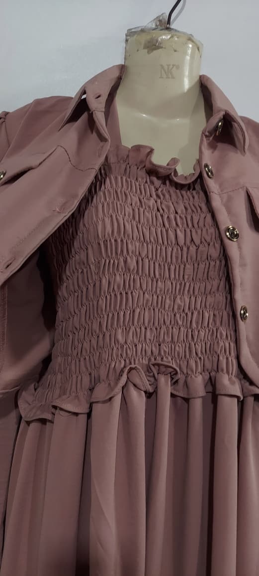 Dusty Rose Soft Georgette Smocked Maxi Dress with Cropped Jacket – Elegant Modest Flowing Party Wear – QC7009 - QC7009