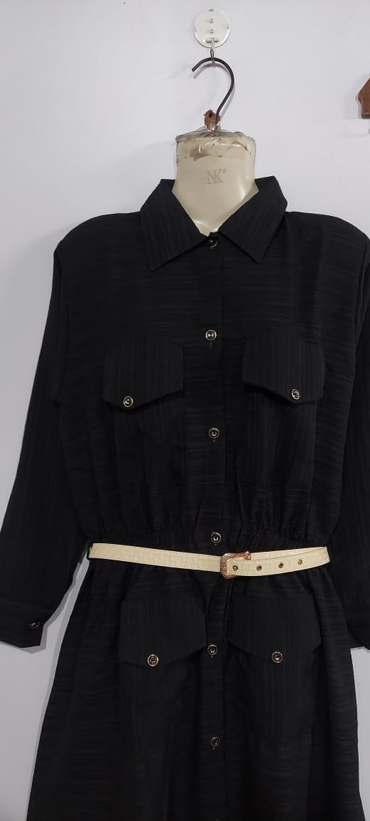 Classic Black China Crush Fabric Button-Down Maxi Shirt Dress with Utility Pockets & Waist Belt – QC10131 - QC10131