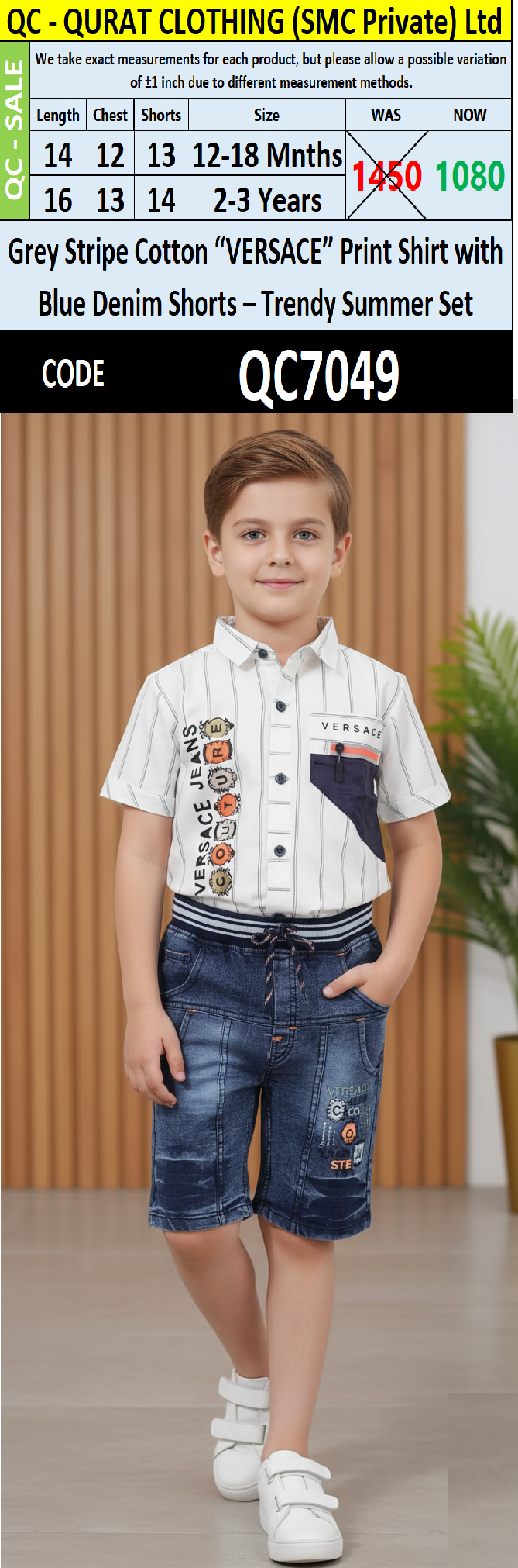 Grey Stripe Cotton “VERSACE” Print Shirt with Blue Denim Shorts Boys Summer Set QC7049 - QC7049