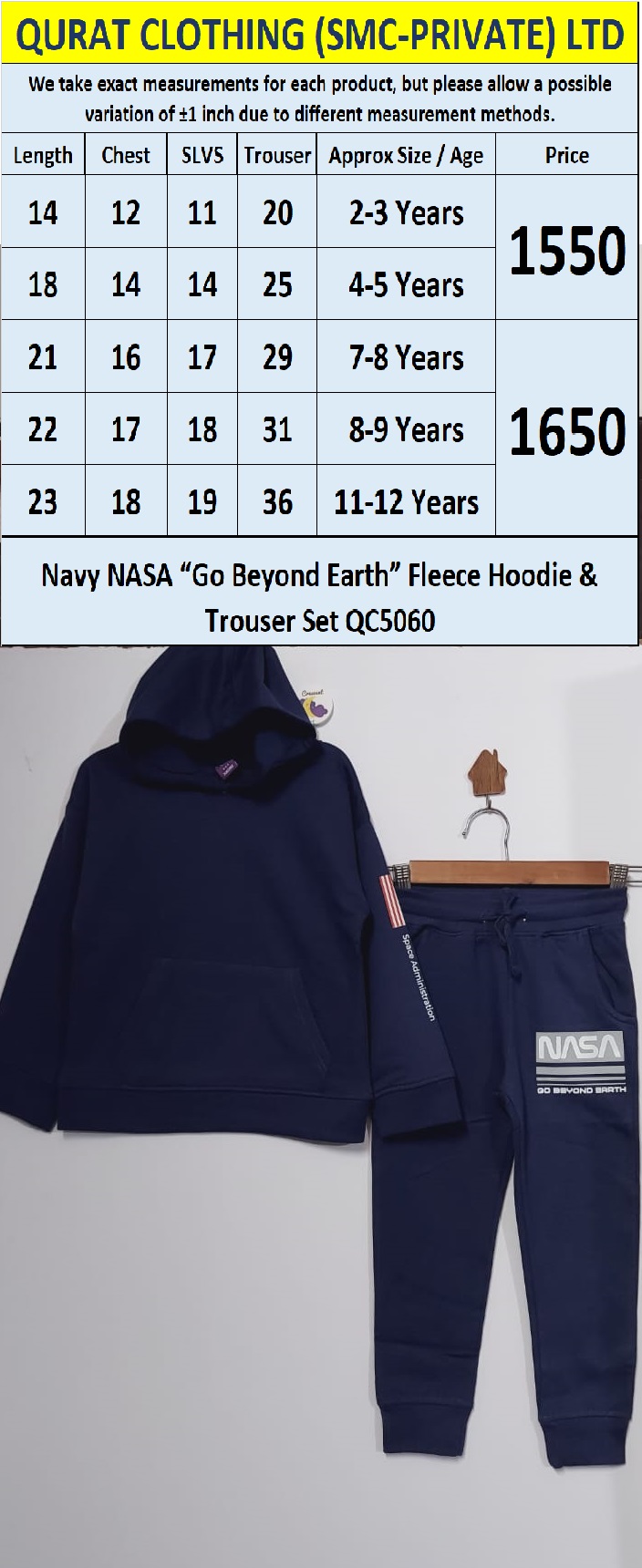 Navy NASA “Go Beyond Earth” Fleece Hoodie & Trouser Set QC5060 - QC5060