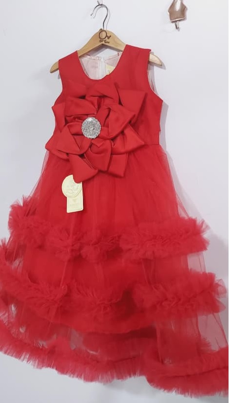 Girls Red Net Tulle Party Dress with 3D Flower & Layered Fluffy Hem QC8005 - QC8005
