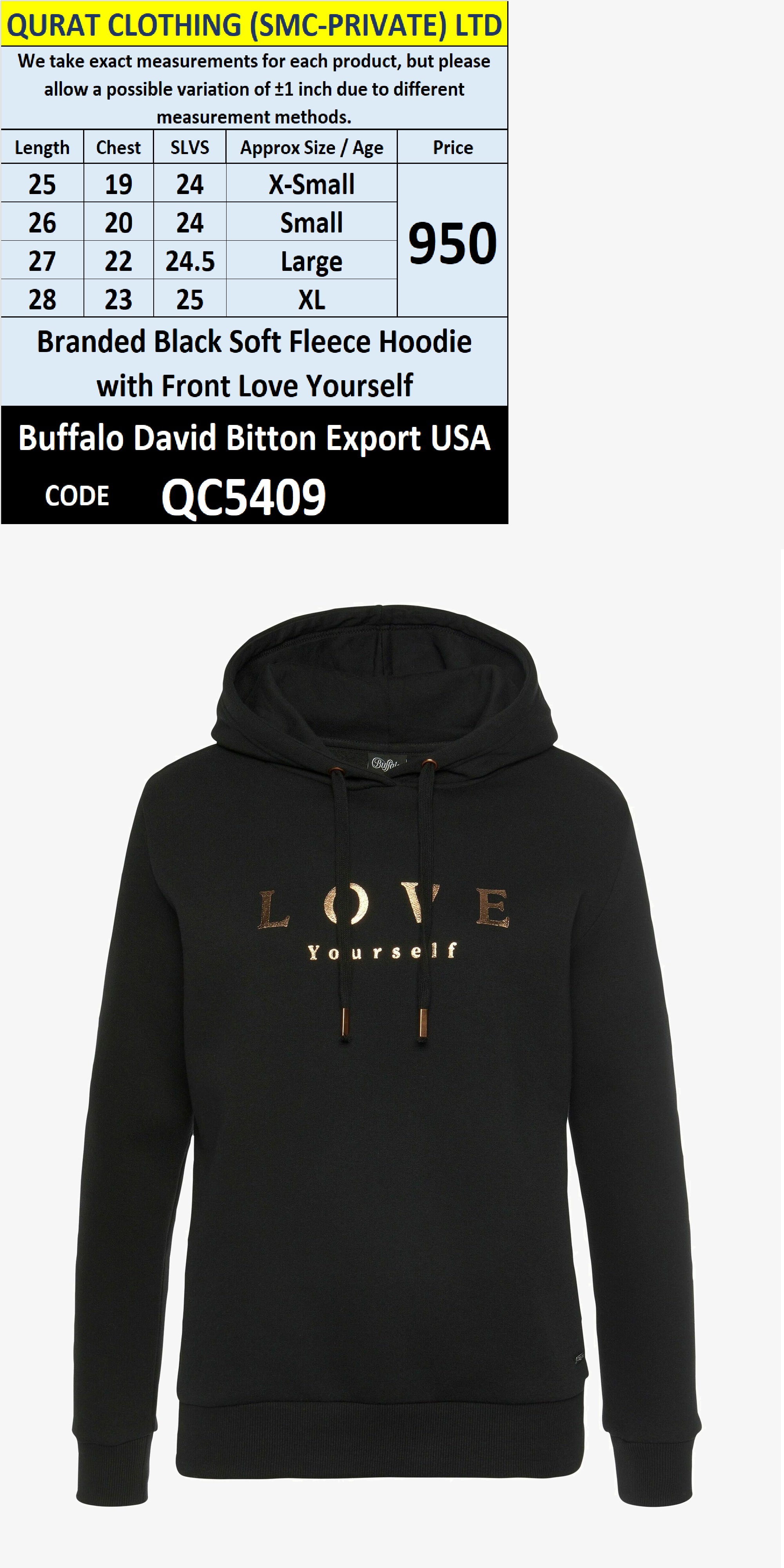 Buffalo David Bitton Black Soft Fleece Hoodie LOVE Yourself QC5409 – Export USA - QC5409