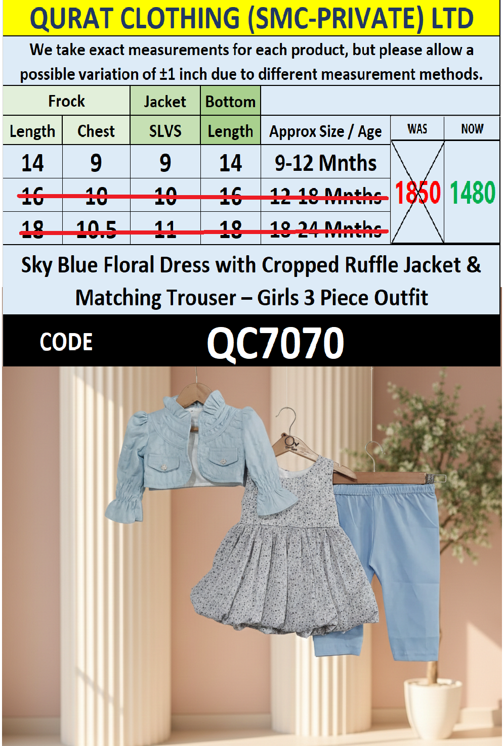Sky Blue Floral Dress with Cropped Ruffle Jacket & Matching Trouser – Girls 3 Piece Outfit QC7070 - QC7070