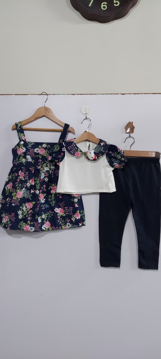 Girls Navy Floral Peter Pan Collar Dress & Leggings 3-Piece Set – QC10266 - QC10266