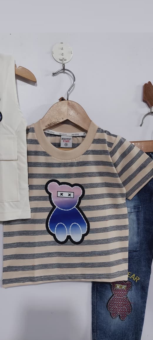 Button Vest with Striped Cotton Tee & Blue Denim BEST BEAR Patch 3 Piece Boys Suit QC7023 - QC7023
