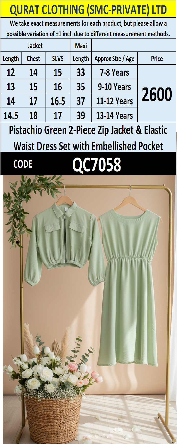 Pistachio Green Girls 2-Piece Zip Jacket & Elastic Waist Maxi Dress Set – Embellished Pocket Detail QC7058 - QC7058