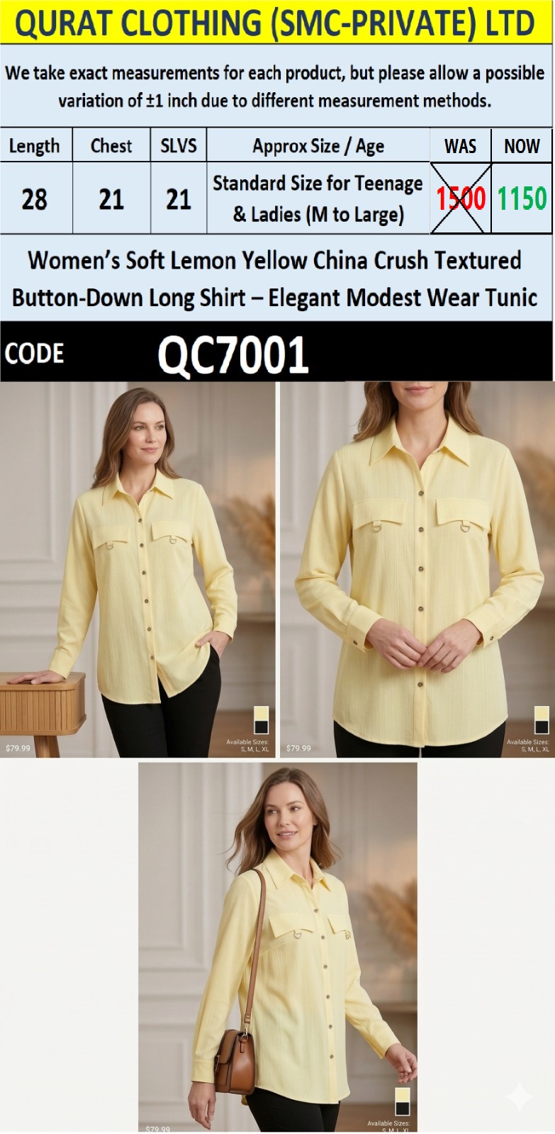 Soft Lemon Yellow China Crush Textured Button-Down Long Shirt – Elegant Modest Wear Tunic QC7001 - QC7001