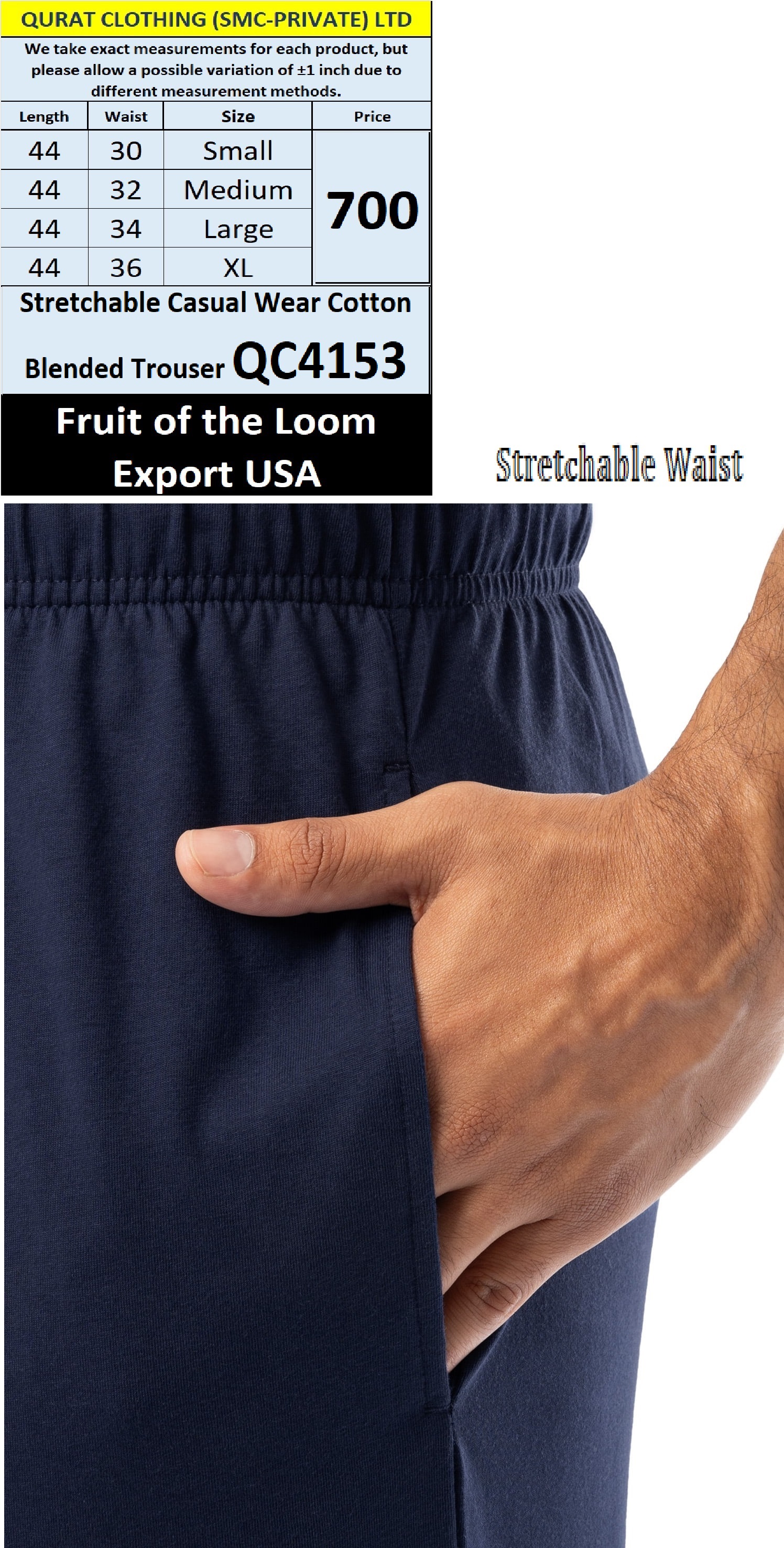 Blue Fruit of Loom Brand Casual Wear Cotton Blended Trousers QC4153 Export USA - QC4153