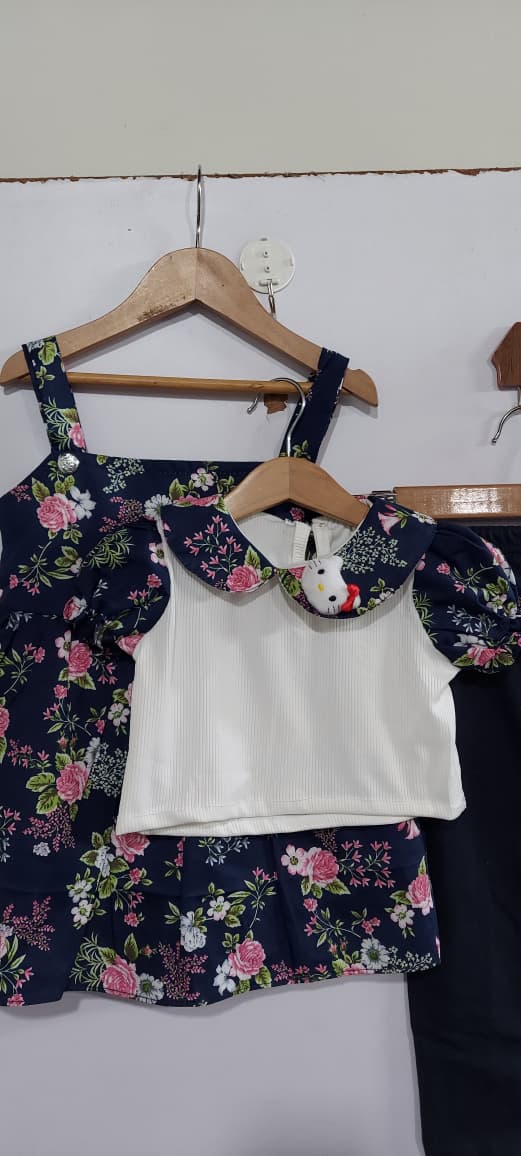 Girls Navy Floral Peter Pan Collar Dress & Leggings 3-Piece Set – QC10266 - QC10266