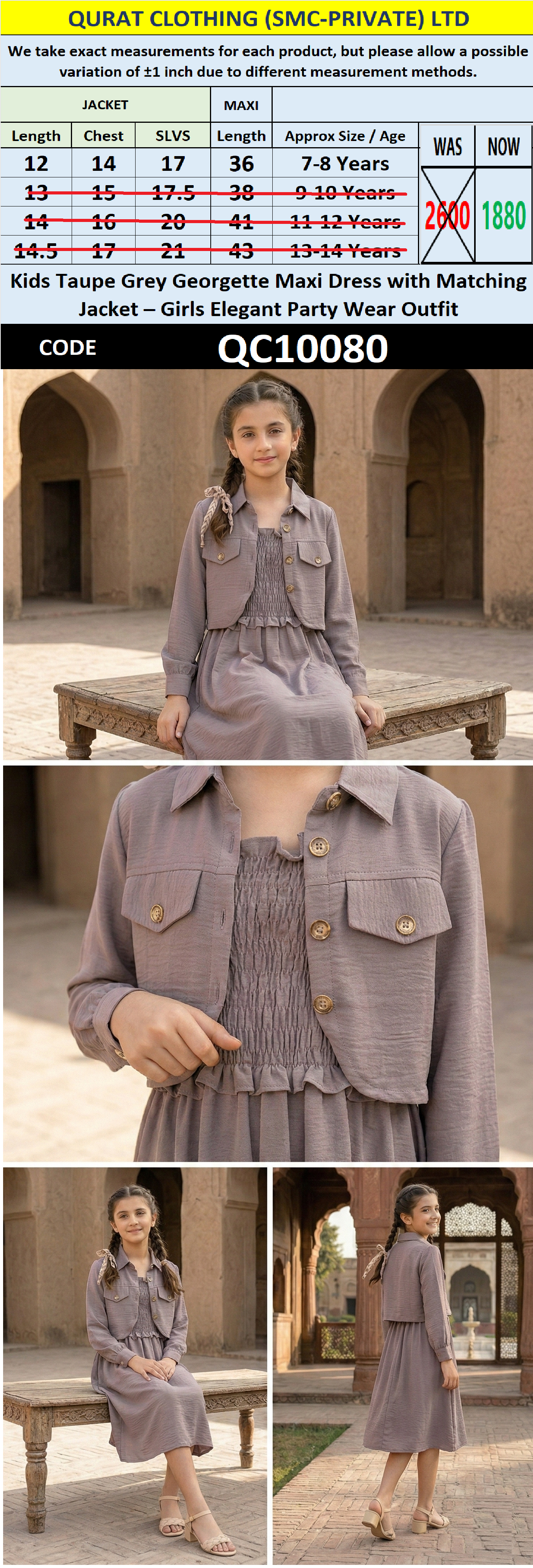 Kids Taupe Grey Georgette Maxi Dress with Matching Jacket – Girls Elegant Party Wear Outfit QC10080 - QC10080