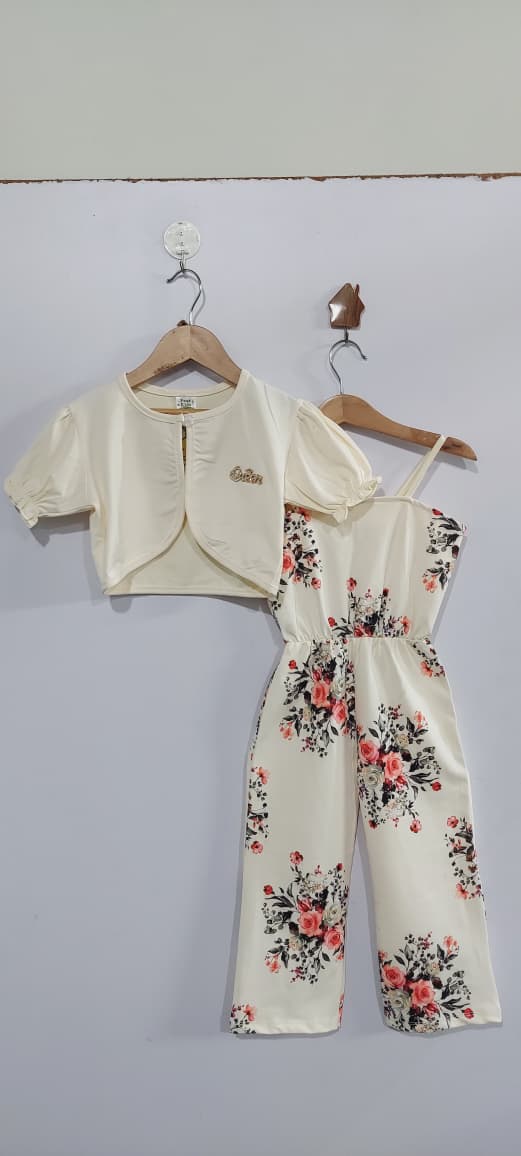 Girls Cream Rose Floral Jumpsuit with Chicc Bolero Jacket Party Outfit – QC10271 - QC10271