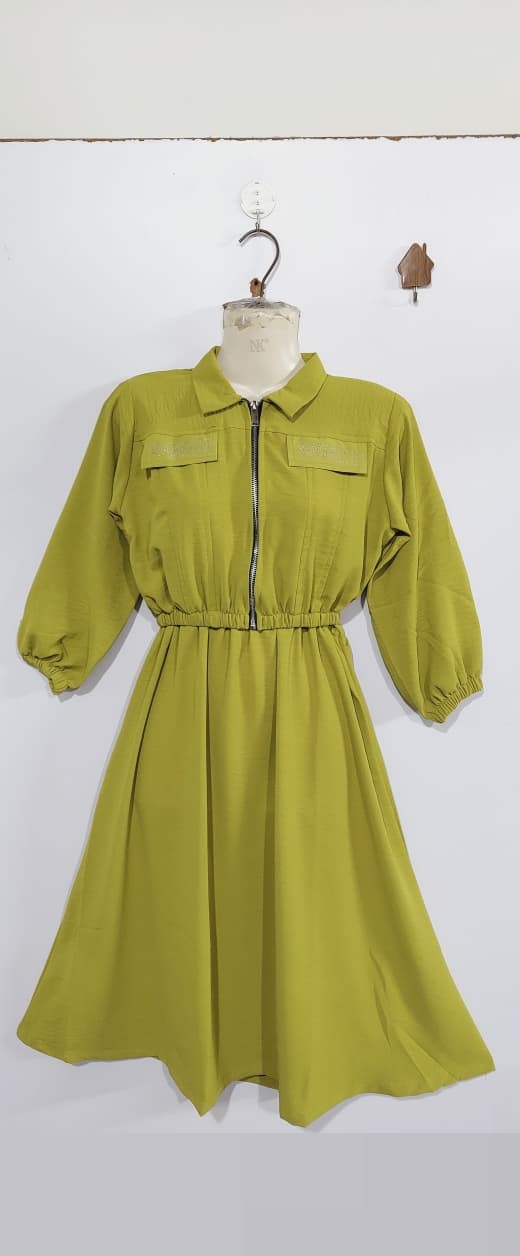 Olive Green Girls 2-Piece Zip Jacket & Elastic Waist Maxi Dress Set – Embellished Pocket Detail– QC7057 - QC7057