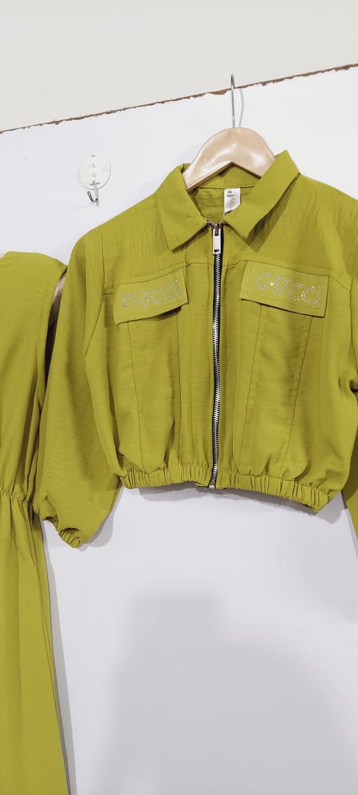 Olive Green Girls 2-Piece Zip Jacket & Elastic Waist Maxi Dress Set – Embellished Pocket Detail– QC7057 - QC7057