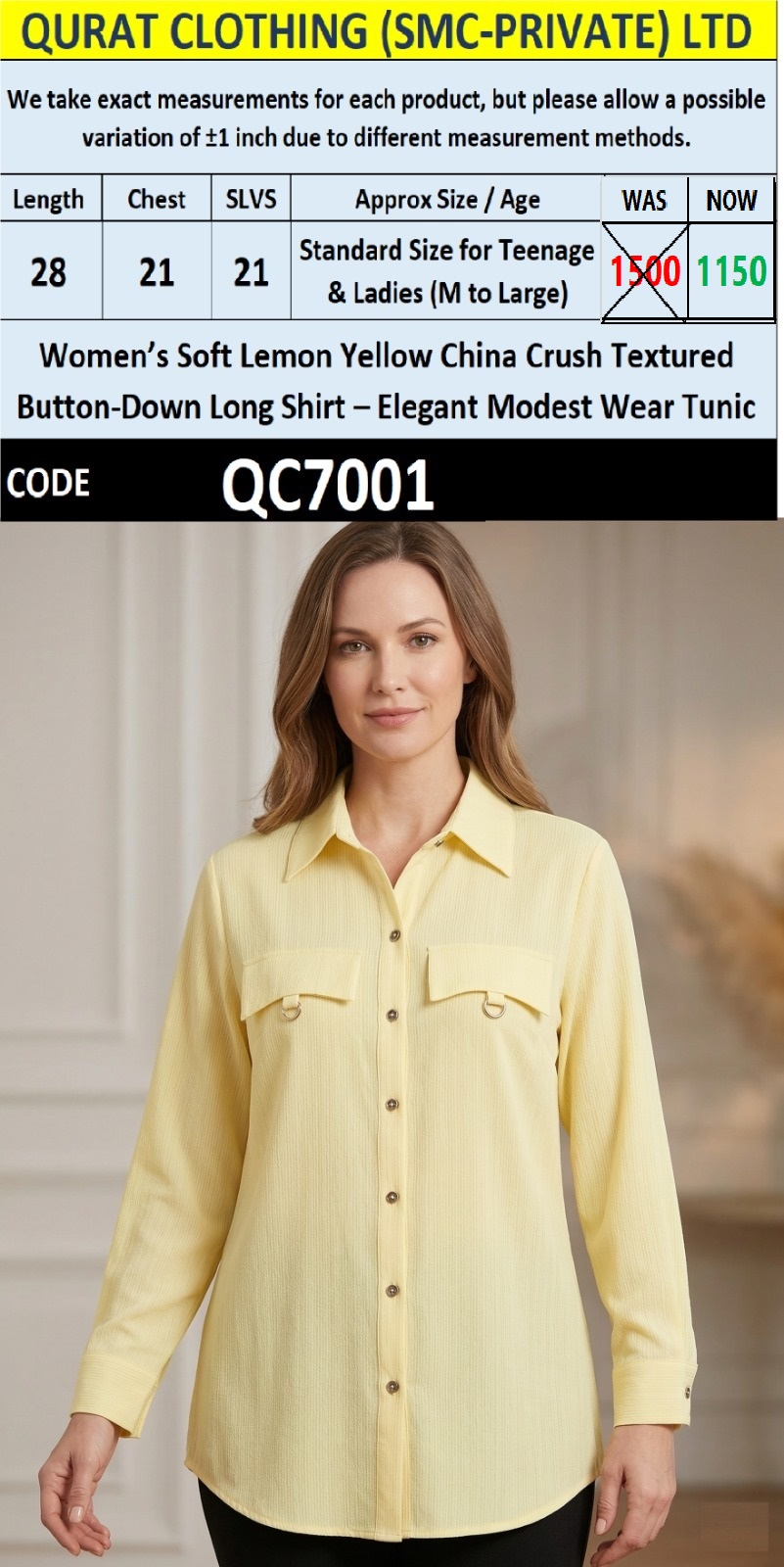 Soft Lemon Yellow China Crush Textured Button-Down Long Shirt – Elegant Modest Wear Tunic QC7001 - QC7001