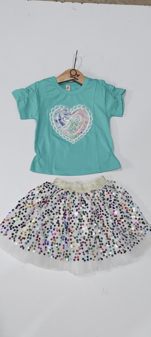 Girls Aqua Heart Applique T-Shirt & Sequin Mesh Skirt 2-Piece Outfit – Cute Party Dress – QC10223 - QC10223