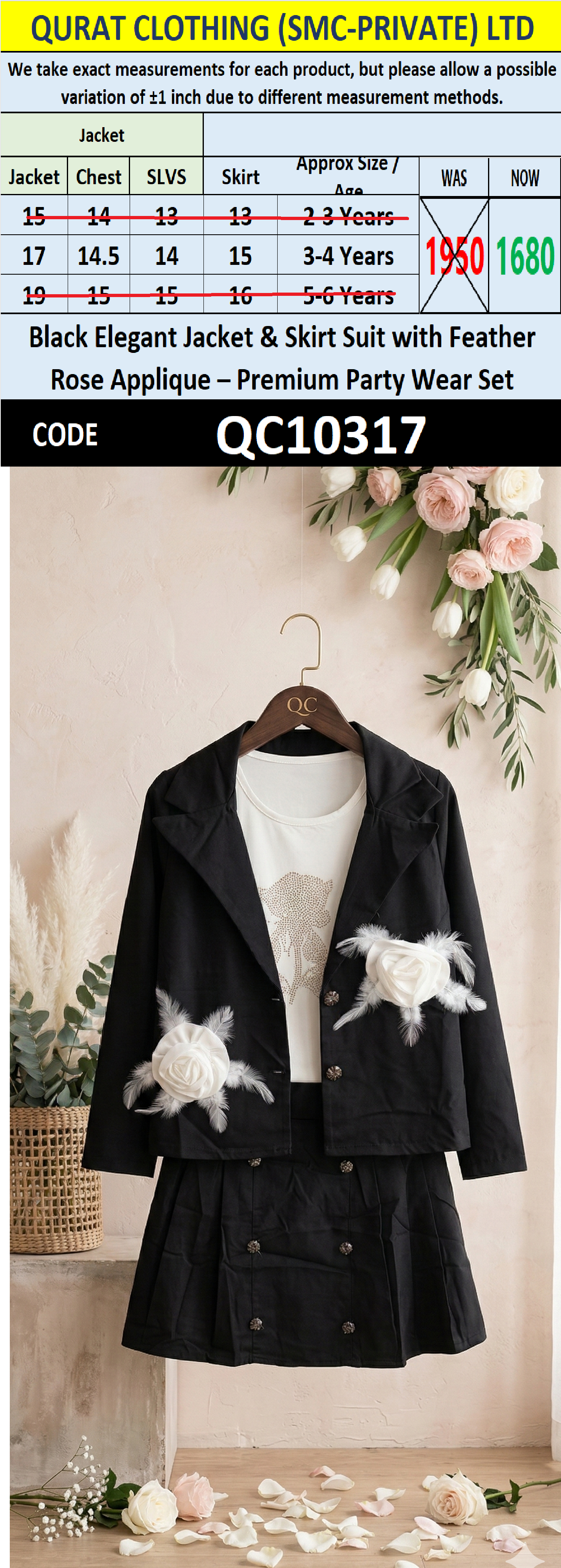 Black Elegant Jacket & Skirt Suit with Feather Rose Applique – Premium Party Wear Set QC10317 - QC10317