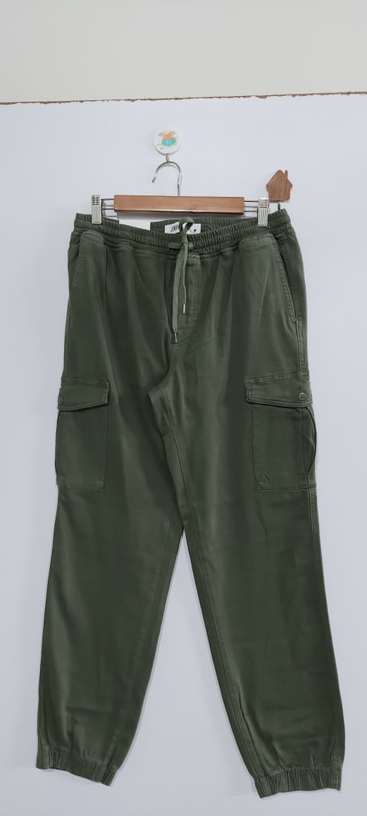 Olive Green Cargo Trouser – Slim Fit Drawstring Elastic Waist Utility Pants ZARA BRAND EXPORT QC10394 - QC10394