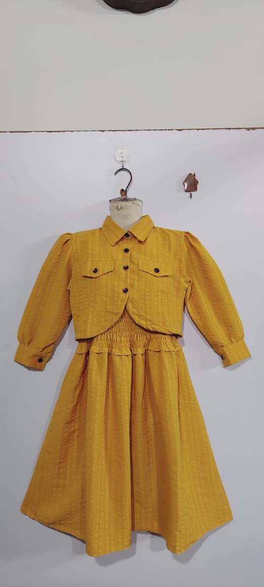 Girls Mustard Yellow Smocked Chiffon Maxi Dress with Cropped Button-Down Jacket – 2 Piece Formal Set QC7067 - QC7067