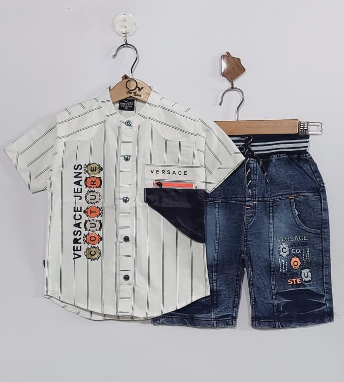 Grey Stripe Cotton “VERSACE” Print Shirt with Blue Denim Shorts Boys Summer Set QC7049 -  QC7049