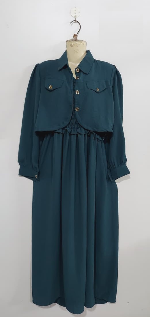 Emerald Green Soft Georgette Smocked Maxi Dress with Cropped Jacket – Elegant Modest Women’s Party Wear – QC7007 - QC7007