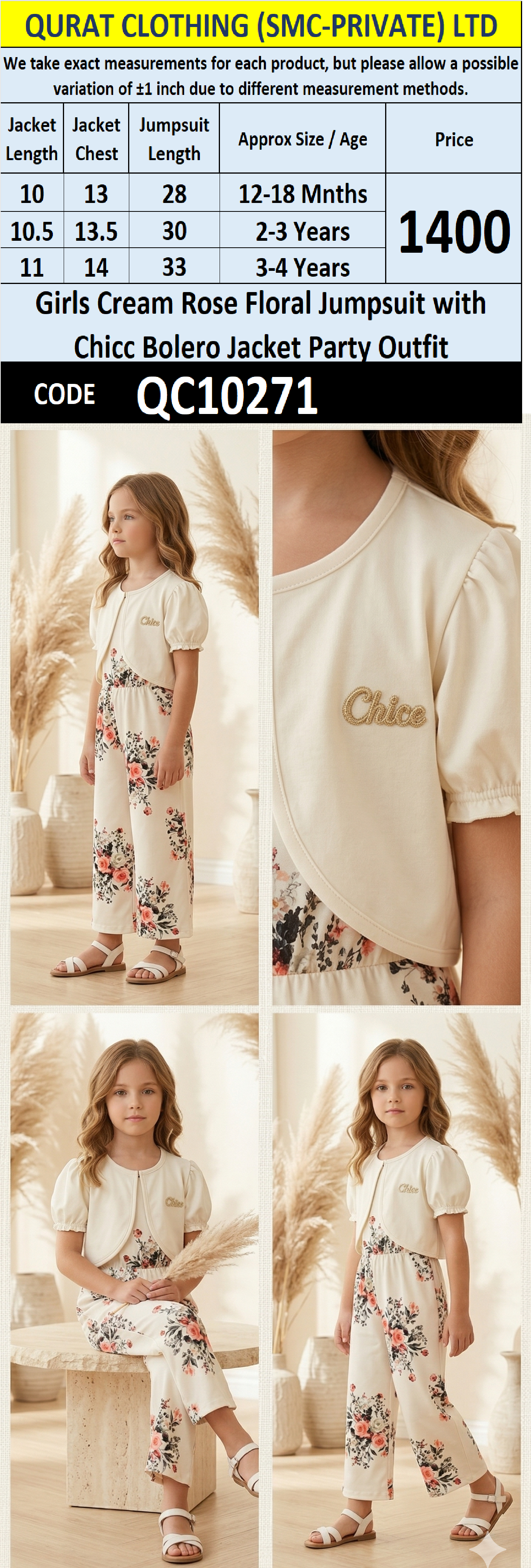 Girls Cream Rose Floral Jumpsuit with Chicc Bolero Jacket Party Outfit – QC10271 - QC10271