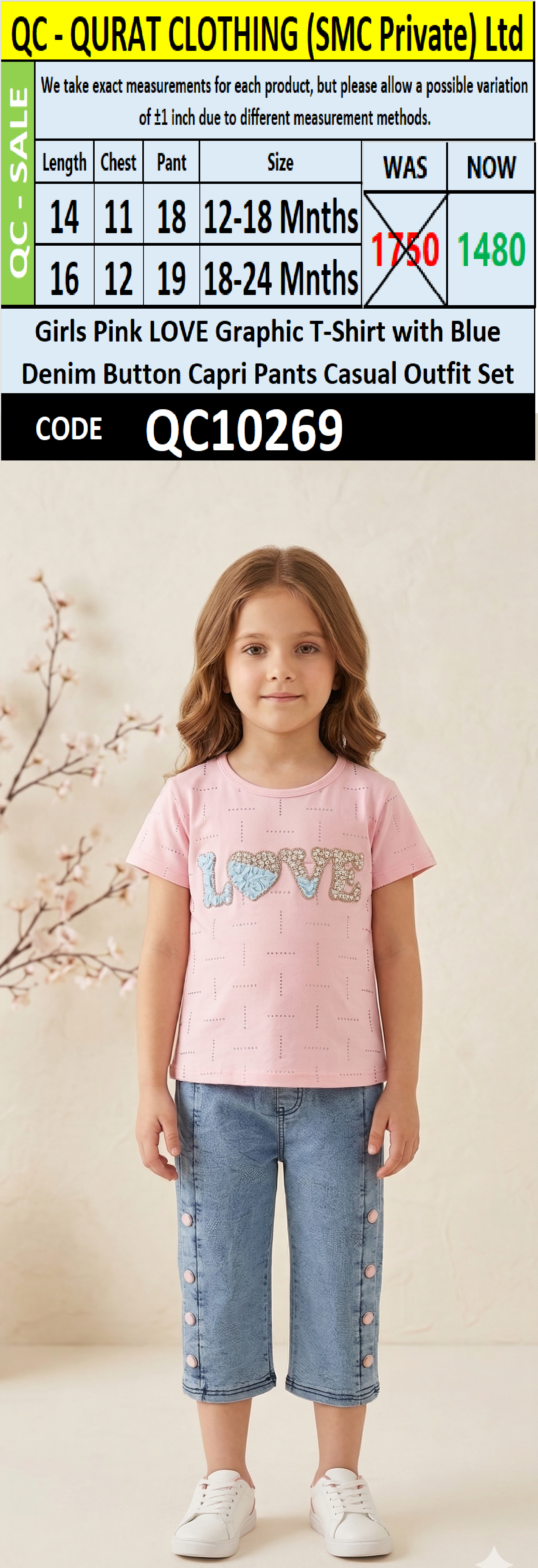 Girls Pink LOVE Graphic T-Shirt with Blue Denim Button Capri Pants Casual Outfit Set - QC10269 - QC10269