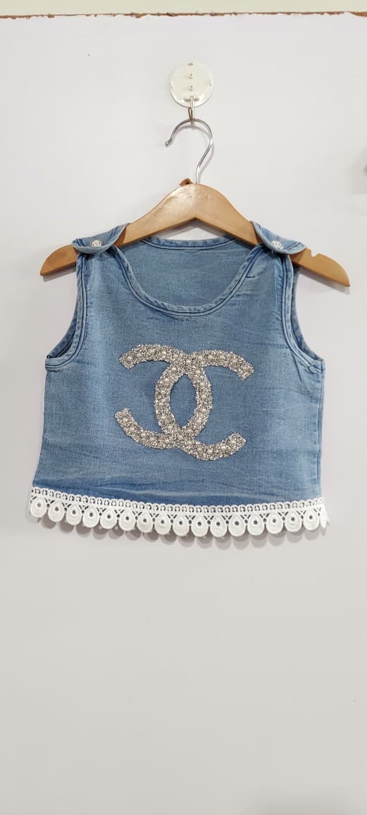 Designer Style Denim 3-Piece Set – Light Blue Crystal Logo Vest, White Shirt & Denim – QC10262 - QC10262