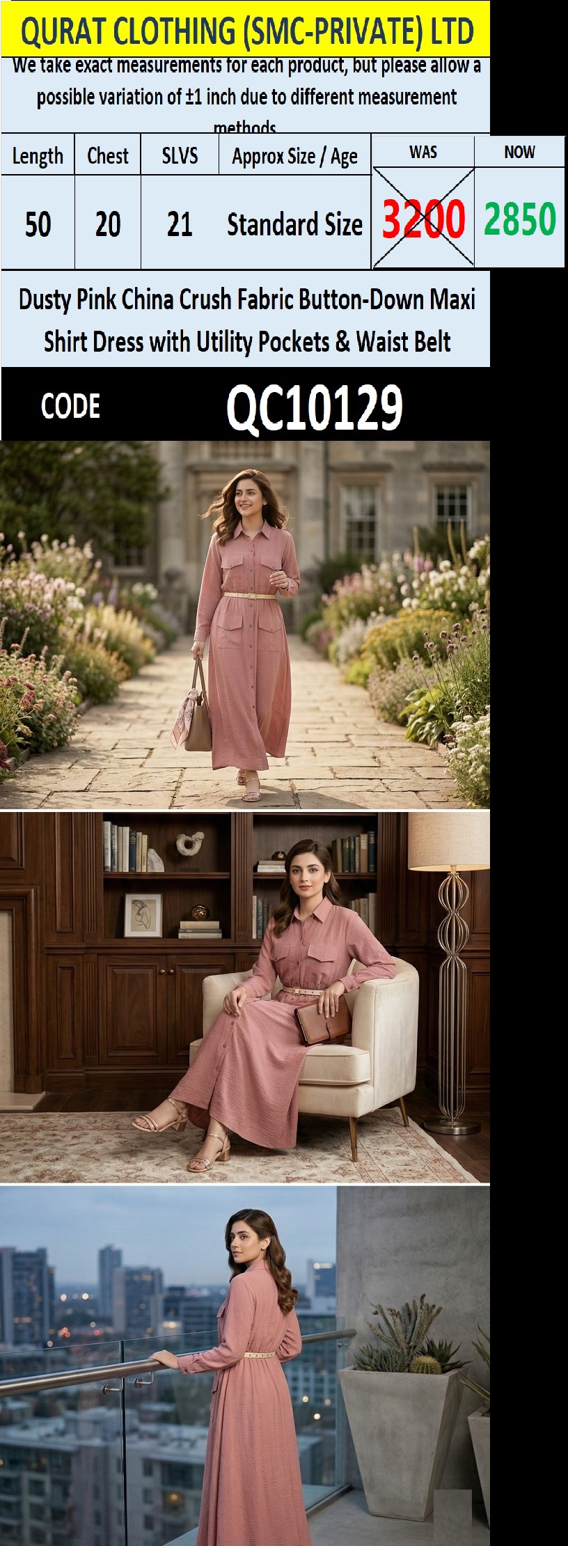Dusty Pink China Crush Fabric Button-Down Maxi Shirt Dress with Utility Pockets & Waist Belt – QC10129 - QC10129