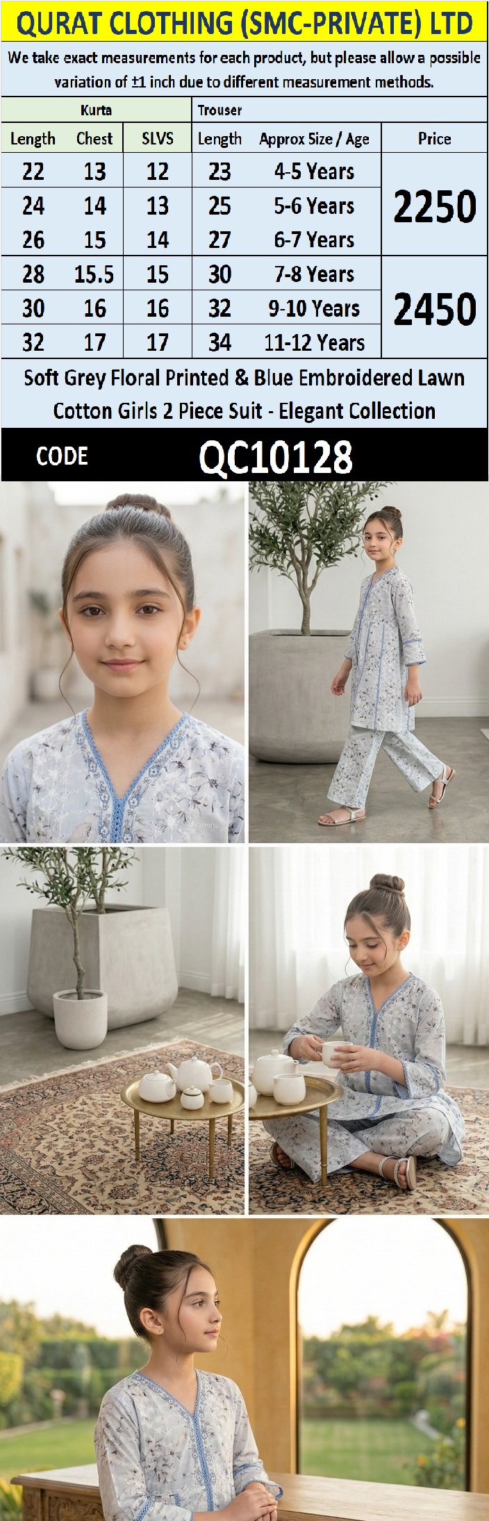 Soft Grey Floral Printed & Blue Embroidered Lawn Cotton Girls 2 Piece Suit – Elegant Collection QC10128 - QC10128