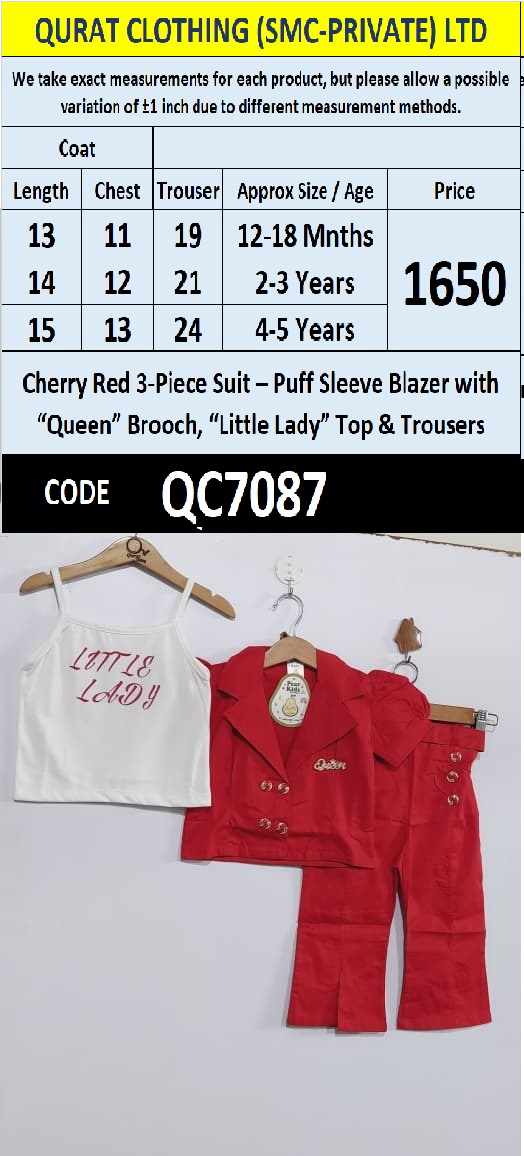 Cherry Red 3-Piece Suit – Puff Sleeve Blazer with “Queen” Brooch, “Little Lady” Top & Trousers QC7087 - QC7087