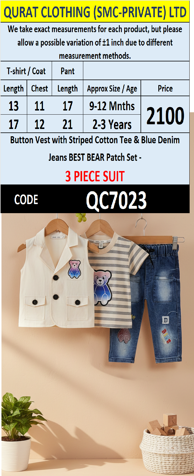 Button Vest with Striped Cotton Tee & Blue Denim BEST BEAR Patch 3 Piece Boys Suit QC7023 - QC7023