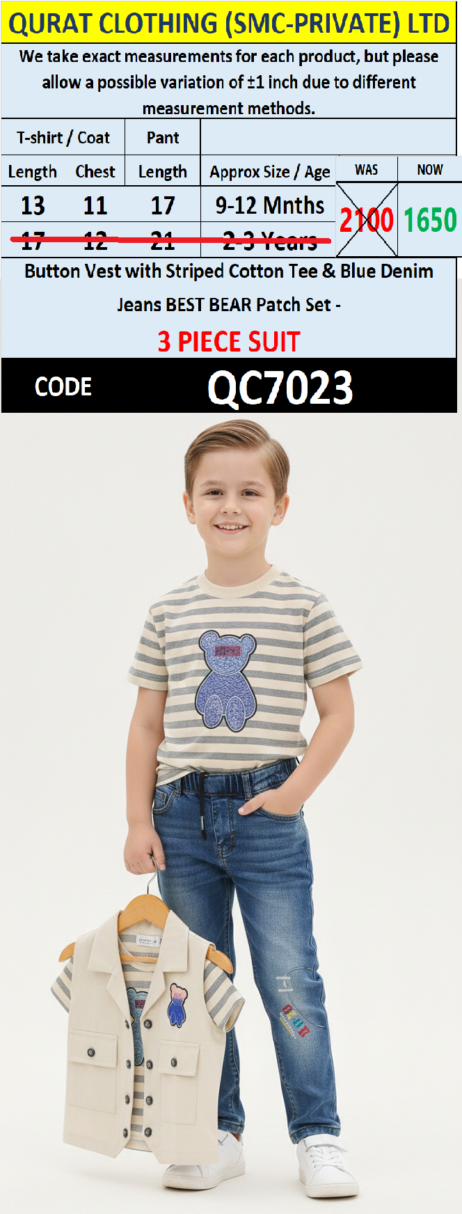 Button Vest with Striped Cotton Tee & Blue Denim BEST BEAR Patch 3 Piece Boys Suit QC7023 - QC7023