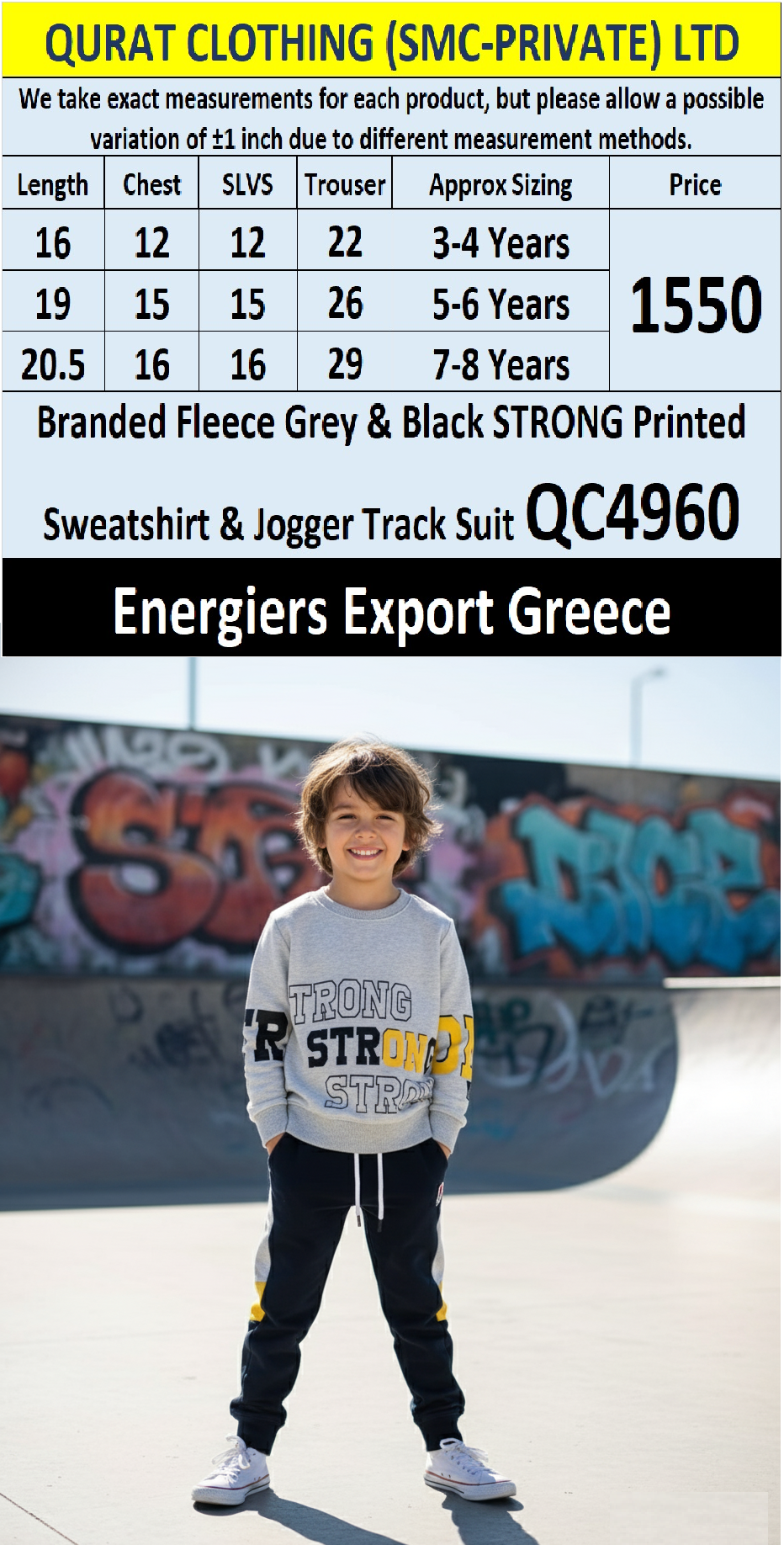 Energiers Brand Grey & Black “STRONG” Printed Fleece Sweatshirt & Jogger Track Suit QC4960 – Export Greece - QC4960