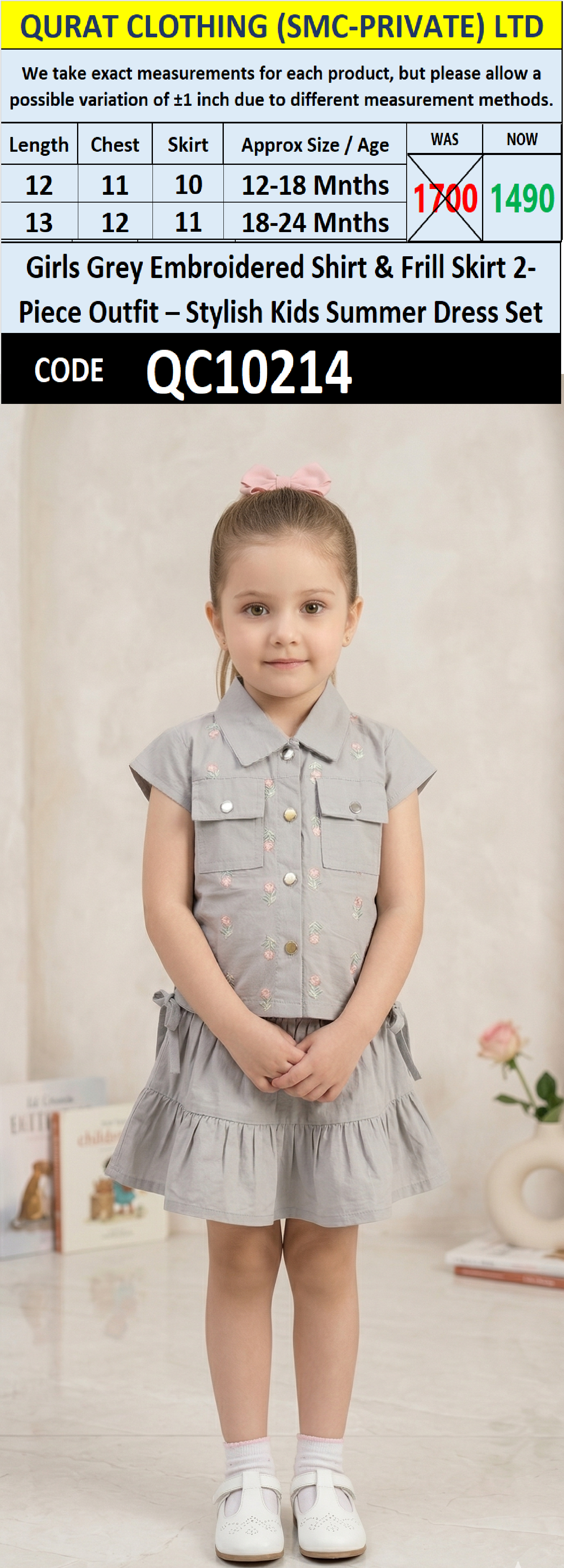 Girls Grey Embroidered Shirt & Frill Skirt 2-Piece Outfit – Stylish Kids Summer Dress Set – QC10214 - QC10214
