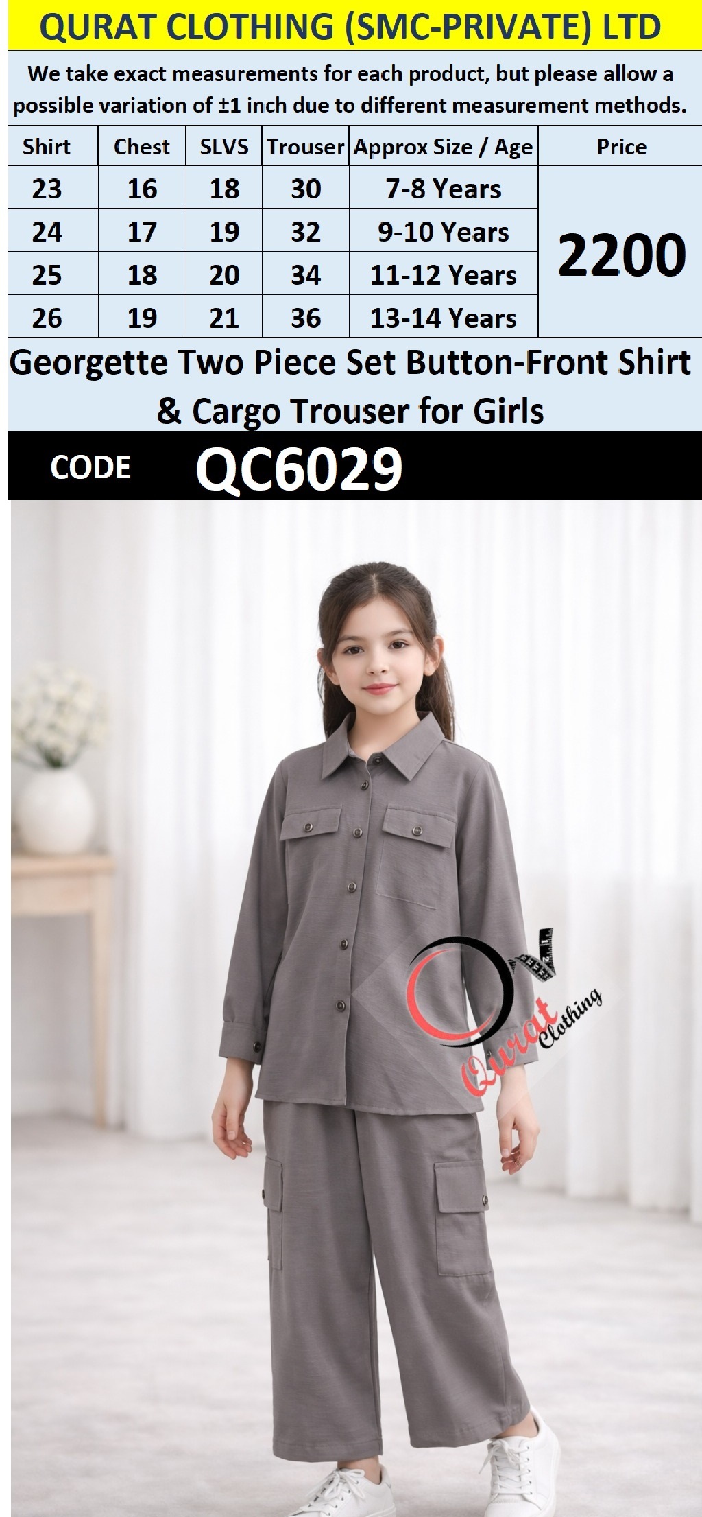 Georgette Two Piece Set Button-Front Shirt & Cargo Trouser for Girls – QC6029 - QC6029