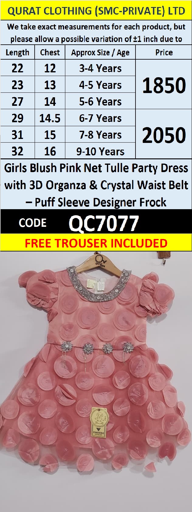 Girls Blush Pink Net Tulle Party Dress with 3D Organza & Crystal Waist Belt – Puff Sleeve Designer Frock QC7077 - QC7077