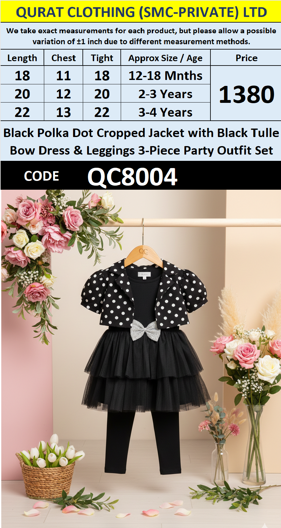 Black Polka Dot Cropped Jacket with Black Tulle Bow Dress & Leggings 3-Piece Party Outfit Set QC8004 - QC8004